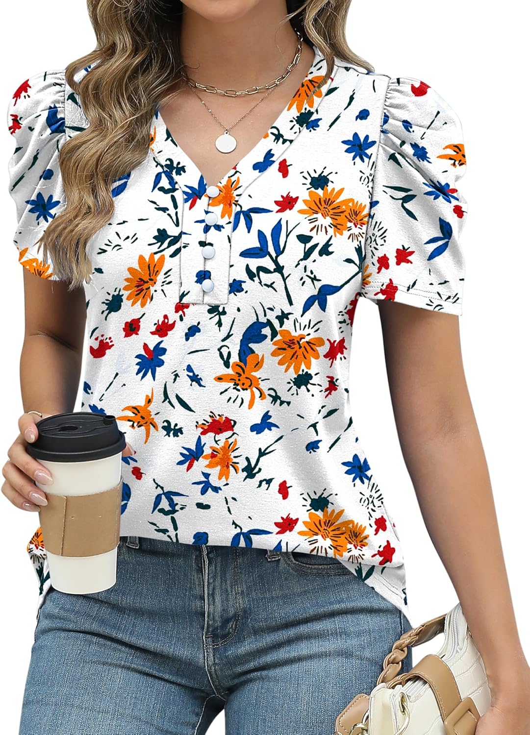 EFFAN Womens Summer V Neck Tops Puff Short Sleeve T-Shirt Elegant Casual Tunic Blouse