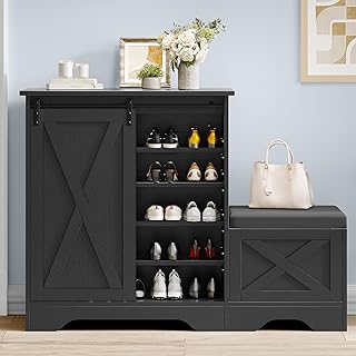 DWVO Farmhouse Shoe Storage Cabinet with Shoe Bench, 5-Tier Shoe Cabinet with Adjustable Shelves for 20 Pairs, Narrow Slim Shoe Cabinet with Sliding Door for Entryway, Hallway, Living Room (Black)