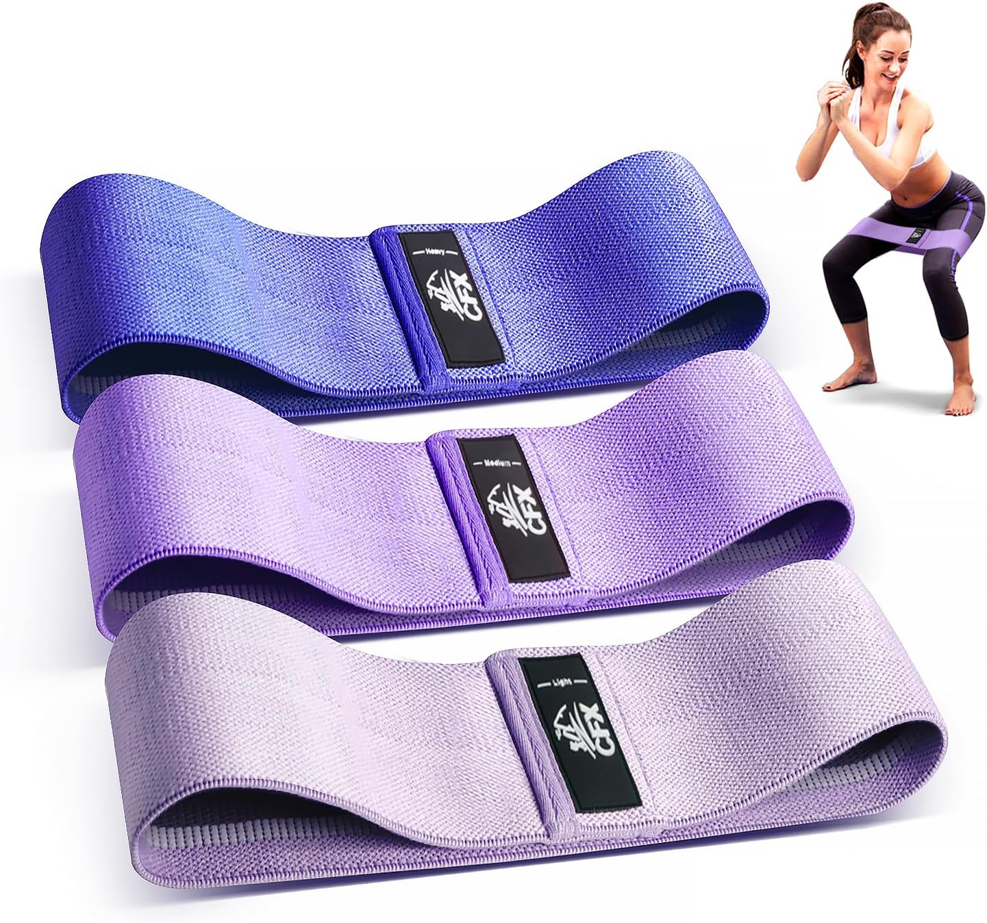CFX Resistance Bands Set, Exercise Bands with Non-Slip Design for HIPS & Glutes, 3 Levels Workout Bands for Women and Men, Booty Bands for Home Fitness, Yoga, Pilates