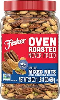 Fisher Oven Roasted Never Fried Deluxe Mixed Nuts, 24 Ounces (Pack of 1), Almonds, Cashews, Pecans, Pistachios, Snacks for Adults, Made With Sea Salt, No Added Oil, Artificial Ingredients or Preservatives, Trail Mix, Gluten Free