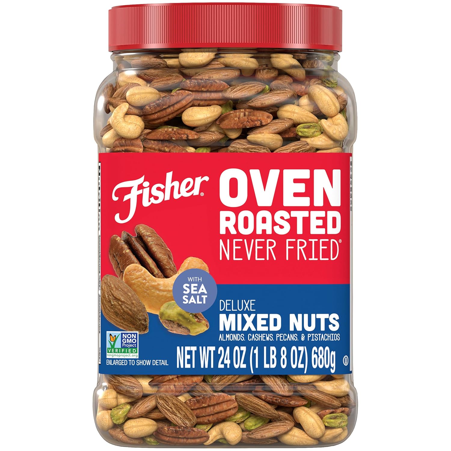 Fisher Oven Roasted Never Fried Deluxe Mixed Nuts, 24 Ounces (Pack of 1), Almonds, Cashews, Pecans, Pistachios, Snacks for Adults, Made With Sea Salt, No Added Oil, Artificial Ingredients or Preservatives, Trail Mix, Gluten Free​