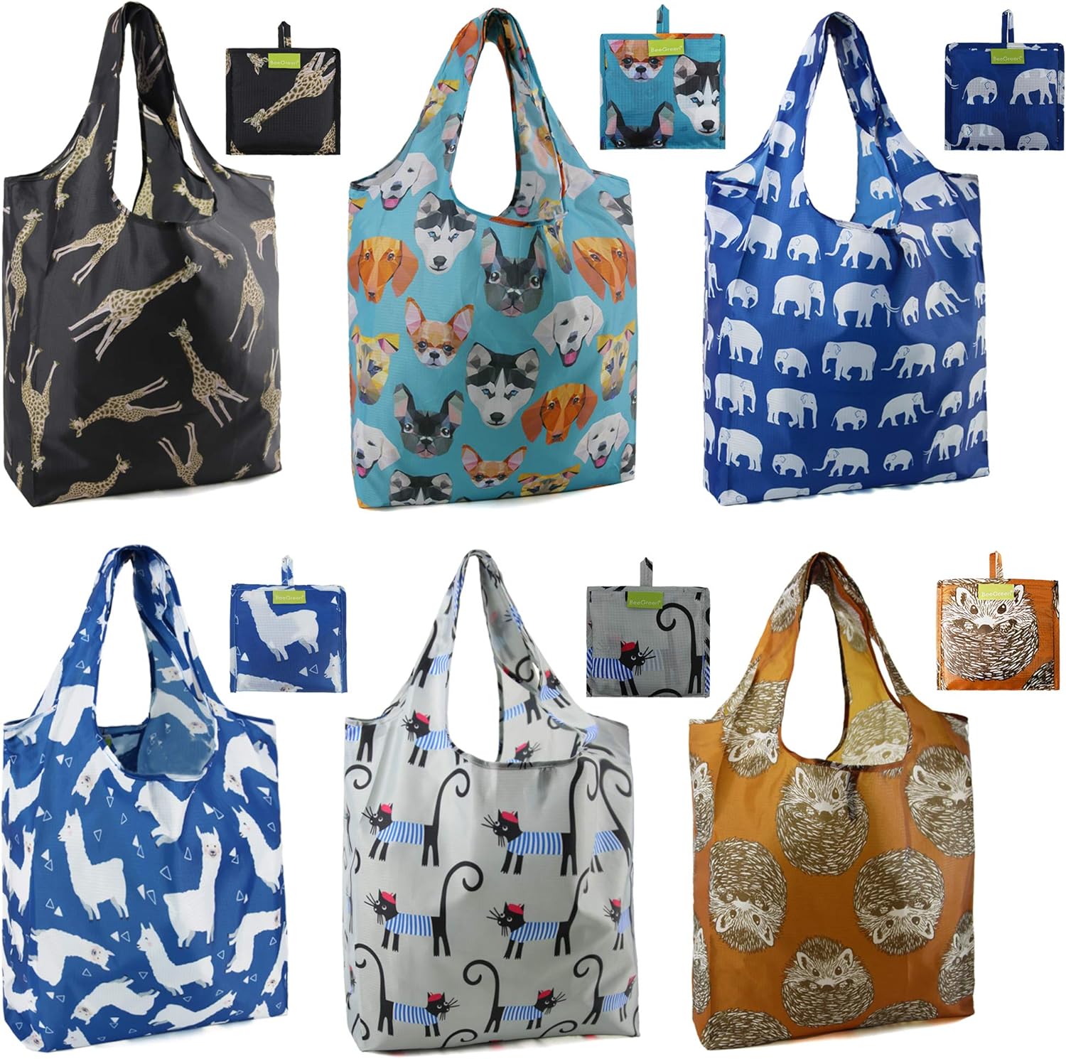 BeeGreen Reusable Grocery Bags 6 Pack Foldable Cute Shopping Holiday Bag with Handles Large Cloth Gift Groceries Tote- bag Bulk Polyester Tote Heavy Duty