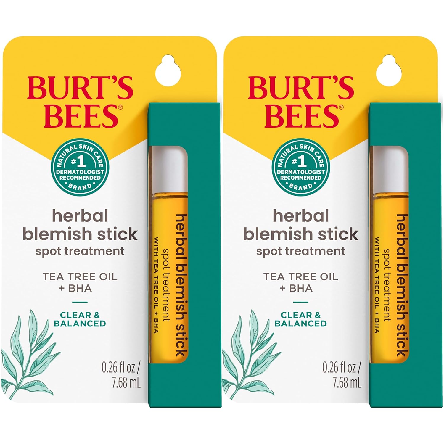 Burt’s Bees Stocking Stuffers, Clear and Balanced Herbal Blemish Stick, with Tea Tree Oil, On-the-Go Blemish Care, Unclogs Pores, Use with Skincare Products, 2-Pack, 0.26 fl. oz.