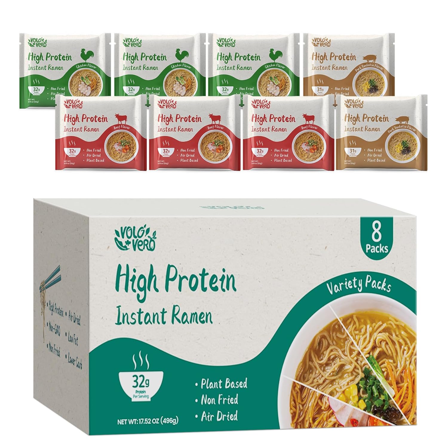 VOLO VERO High Protein (32g) Instant Ramen Variety Packaged Noodles Soup, Chicken, "Spicy" Beef, Pork Tonkotsu, Plant-Based, Air-Dried, Non-Fried, Low Carb, Egg-Free, Dairy Free Healthy Meal, 8 Packs