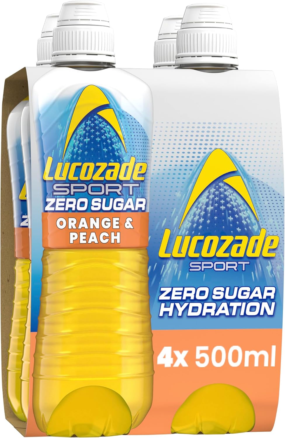 Lucozade Sport Zero Sugar - Orange & Peach 4x500ml | Sugar Free Sports Drink, with Vitamin B3 and electrolyte | Zero Sugar | Only 4 calories per serving | Still | Made with Natural Flavours