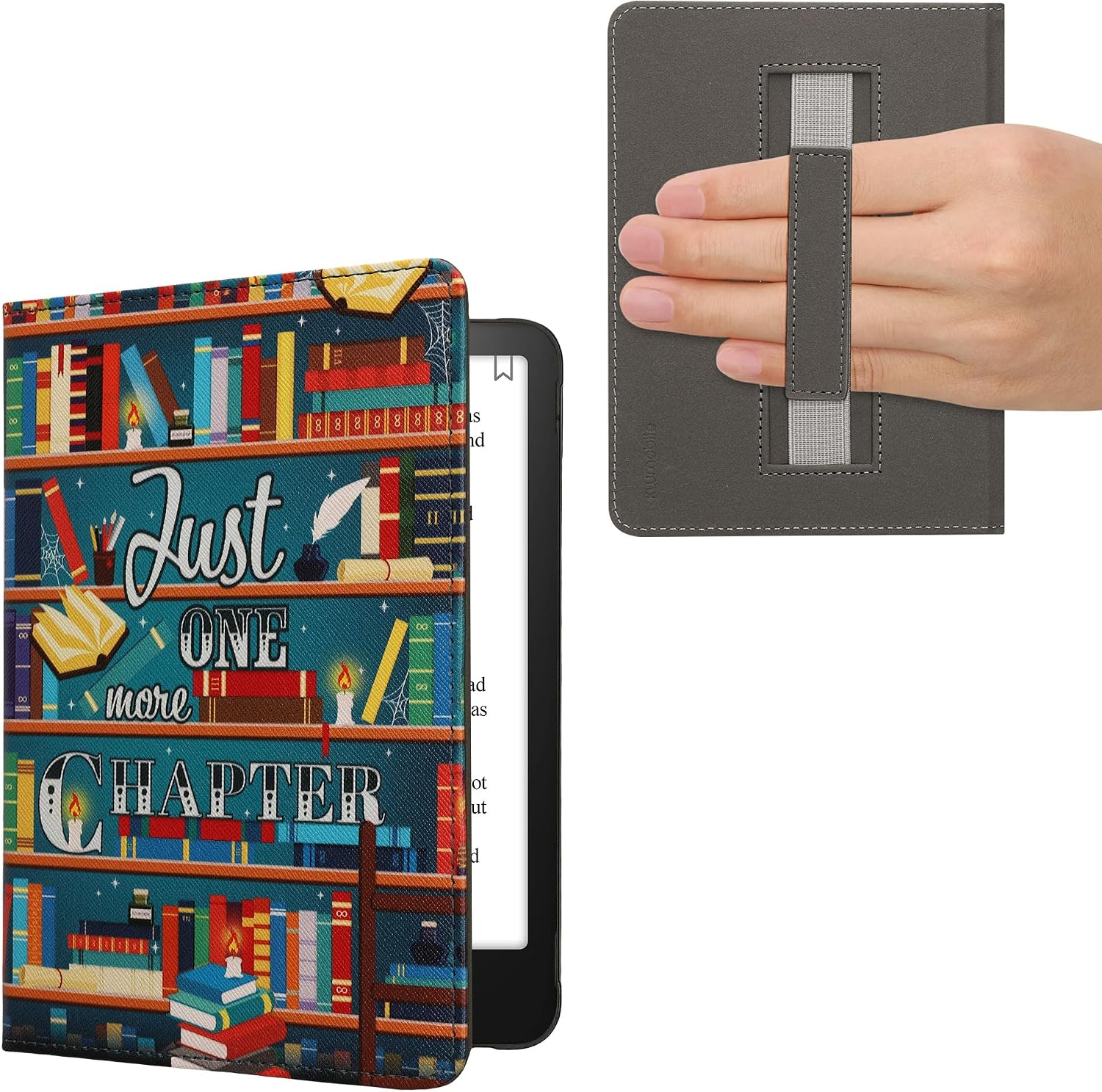 kwmobile Cover for Amazon Kindle Paperwhite (2024)/Colorsoft Case - eReader Cover with hand strap and auto sleep funktion - Library Motto with Multicolor