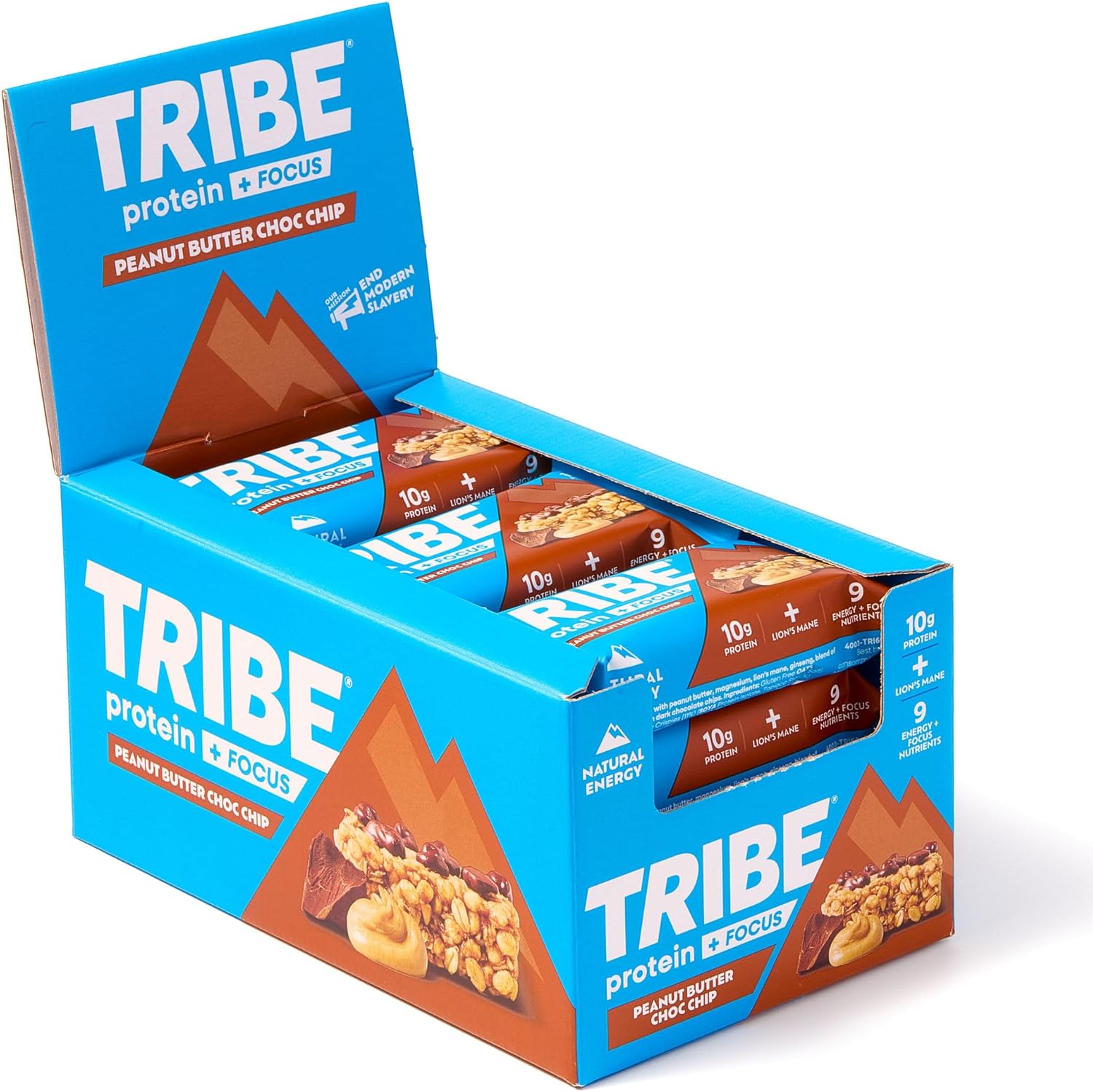 TRIBE Protein + Focus Flapjack Bar - Peanut Butter Choc Chip - High Protein Snack - 9 Energy & Focus Nutrients - 10g Protein, Lions Mane, Plant Based, Vegan Snack & Gluten Free (60g x 12 Bars)