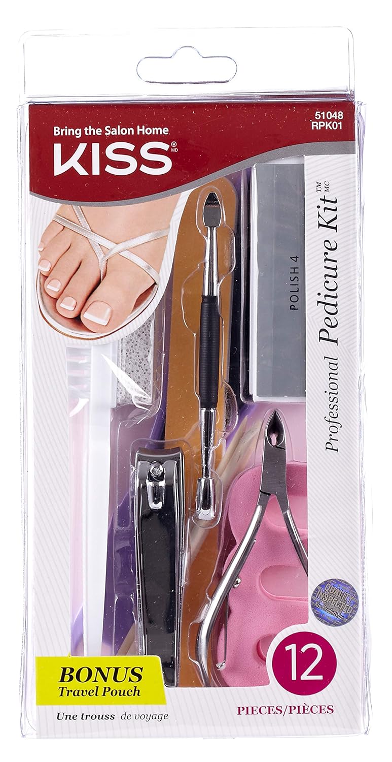 KISS Professional 15 Piece Pedicure Kit with Toenail Clipper, Cuticle Nipper, Foot Brush & Stone, Cuticle Pusher, Smoothing File, Toe Separators, Nail File, Buffer, Manicure Sticks, Travel Pouch