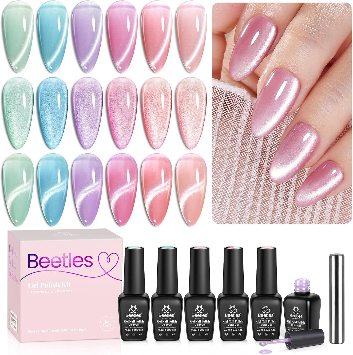 Beetles Cat Eye Gel Nail Polish Set, 6 Colours Pastel Shimmer Glitter Kit Soak Off LED UV Curing Requires Pink Red Blue Orange Green Purple Velvet Gel with Magnet Gift for Women