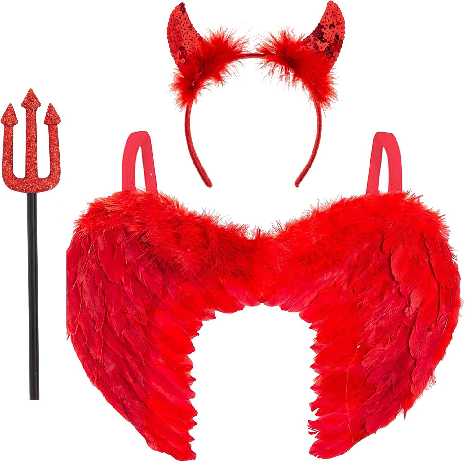 3pc Devil Costume Women - Red Angel Wings Red Devil Horns and Fork Devil Set - Womens Devil Costume Red Devil Halloween Costume - Red Devil Wings Devil Pitchfork and Devil Halloween Headband
