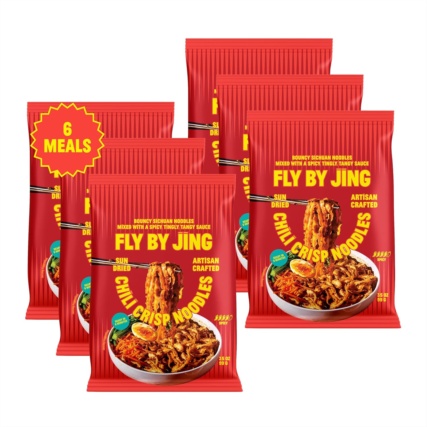 FLYBYJING Chili Crisp Noodles - Sun-Dried Asian Instant Noodles with Sichuan Chili Crisp Sauce - Ready in 6 Minutes - Premium Non-Fried Vegan Noodle, 12g Protein, Non-GMO (Pack of 6)