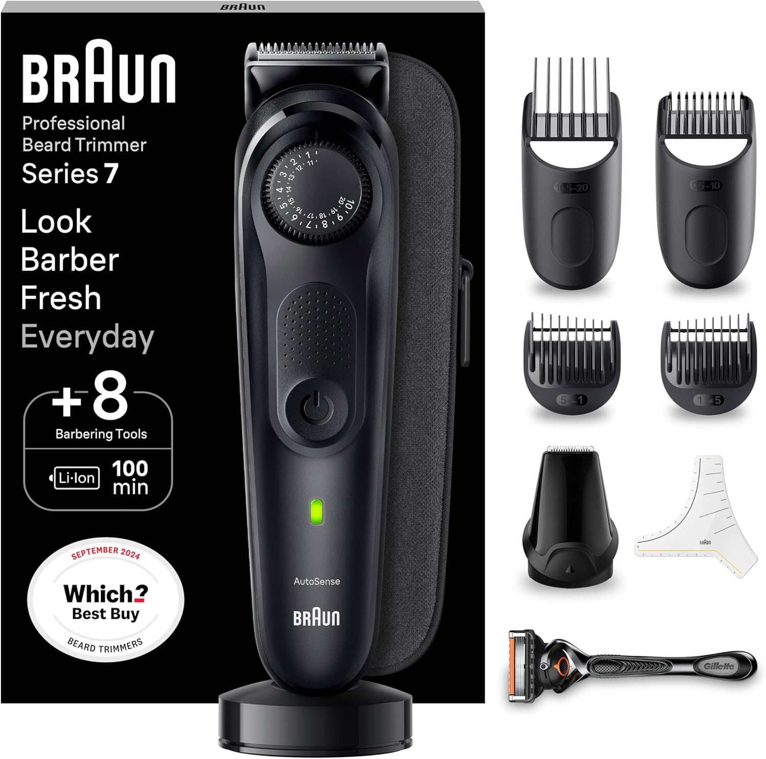 Braun Beard Trimmer Series 7 & Hair Clippers with Gillette Proglide Men's Razor, 40 Length Settings, Gifts for Men, 100-min Runtime, BT7440, Silver