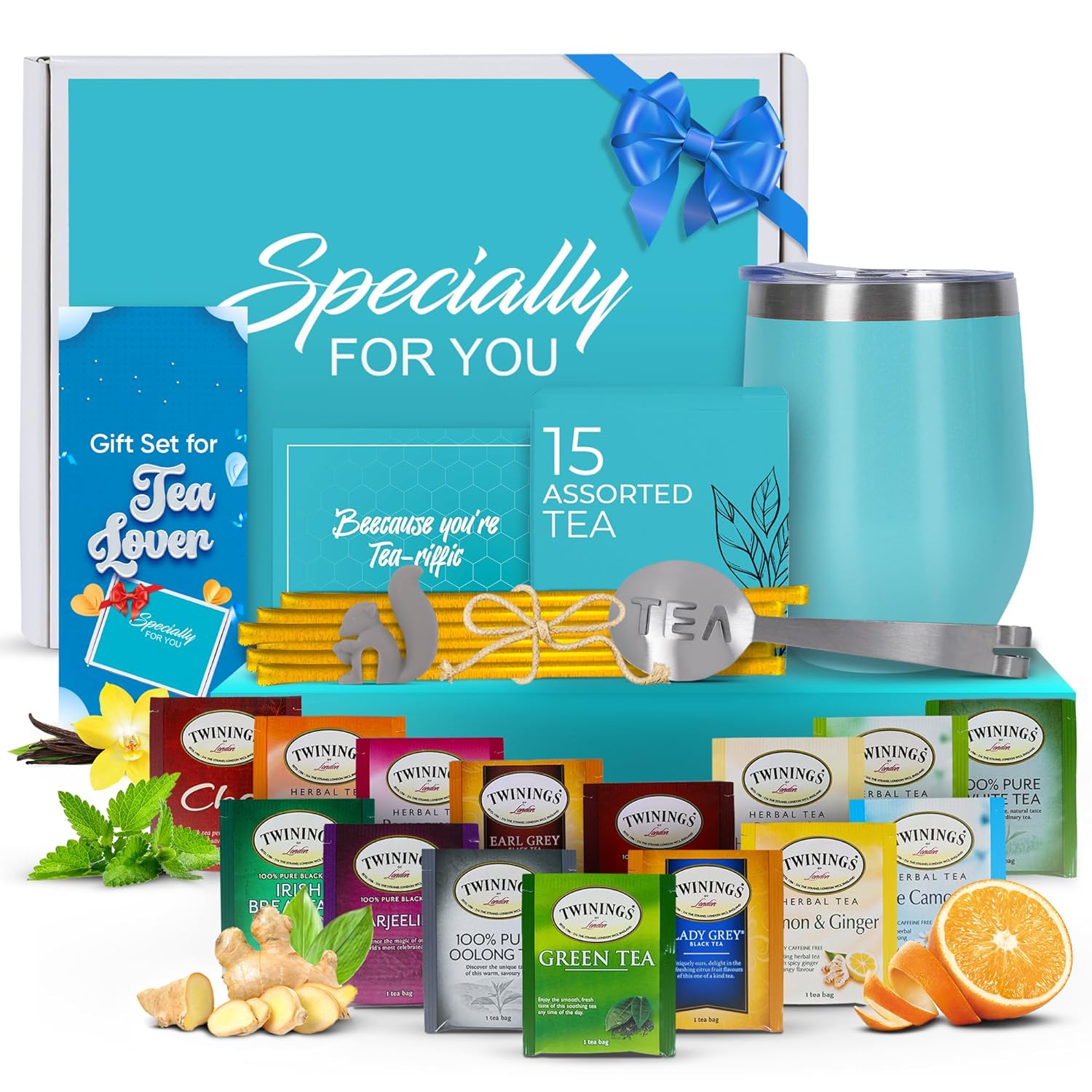 Modern Elegance Tea Tumbler Gift Set – Includes Tea Bag Holder & Spoon with 15 Assorted Blends, Honey Straw and Stemless Insulated 12oz Stainless Steel Tumbler, BPA-Free, Keeps Drinks Hot & Cold, Teal