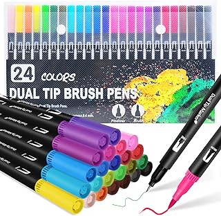 Dual Brush Marker Pens, 24 Colors Art Markers with Fine and Brush Tip Coloring Markers for Adults, Markers for Journaling Calligraphy Drawing Sketching Doodling Illustrating