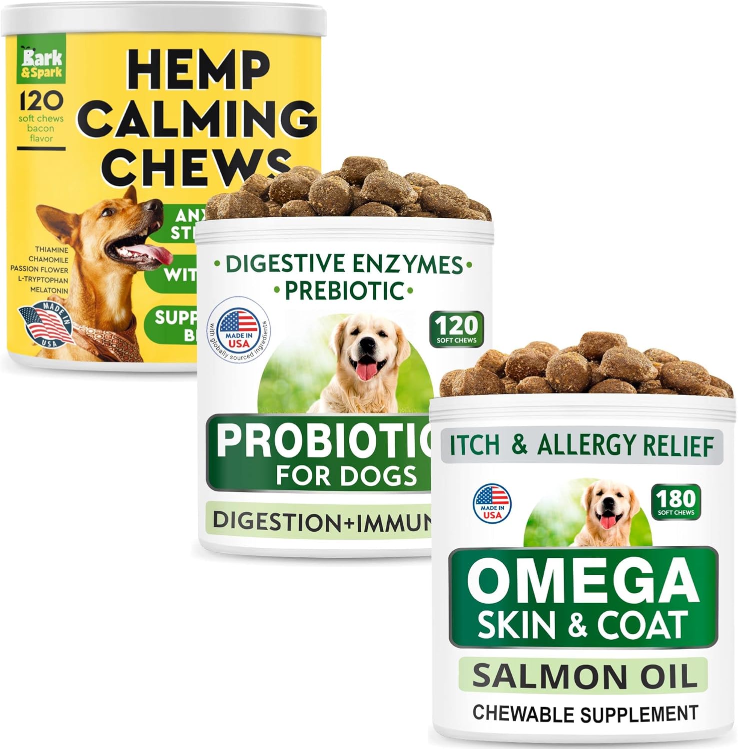 BARK&SPARK Combo of Dog Probiotics Chews + Calming Hemp Treats + Omega 3 Fish Oil Chews for Dogs - Anxiety Relief + Digestion and Immunity Support + Skin and Coat Supplement