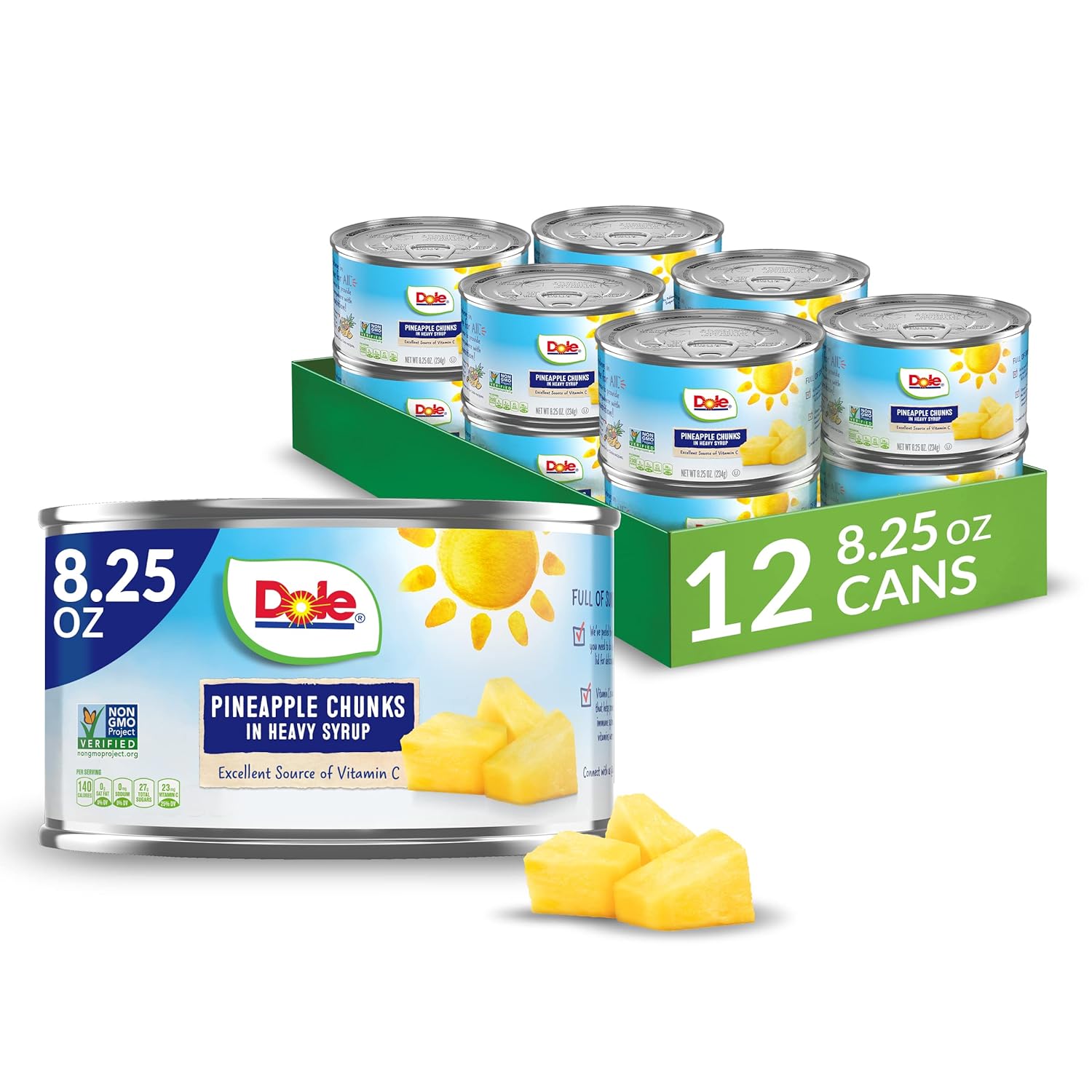 Dole Canned Fruit, Pineapple Chunks in Heavy Syrup, Gluten Free, Pantry Staples, 8.25 Oz, 12 Count, Packaging May Vary