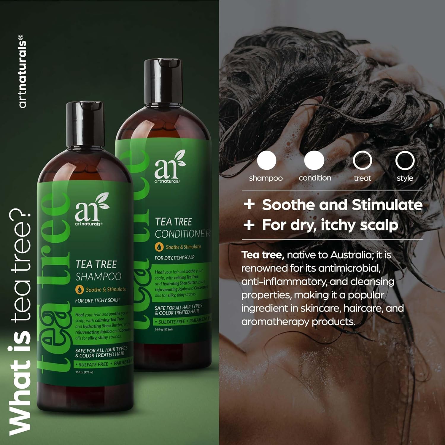 artnaturals Tea Tree Shampoo and Conditioner Set - (2 x 16 Fl Oz / 473ml) – Sulfate Free – Therapeutic Grade Tea Tree Essential Oil - Deep Cleansing for Dandruff, Lice, Dry Scalp and Itchy Hair