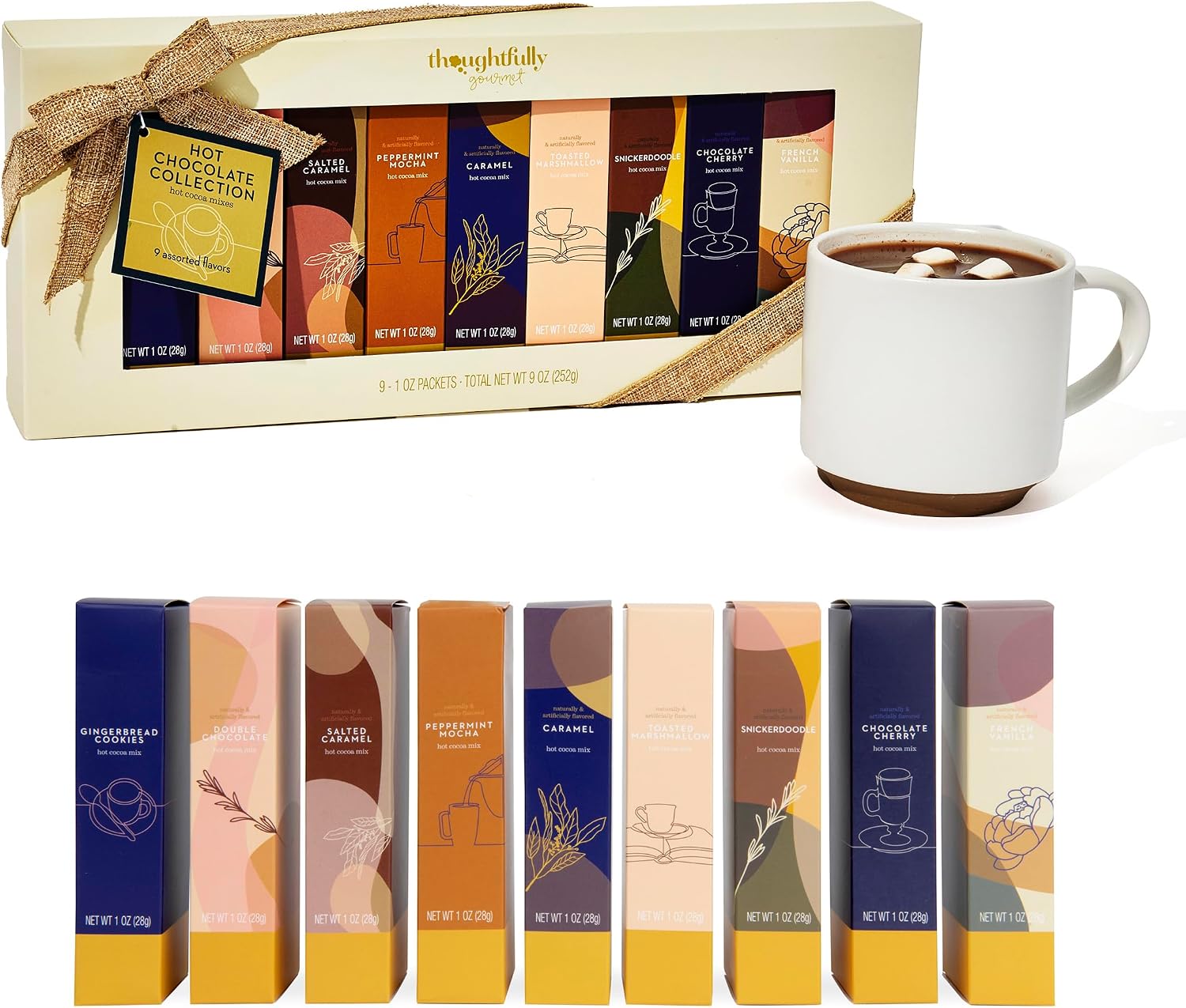Thoughtfully Gourmet, Gourmet Hot Chocolate Gift Set, Flavours Include Salted Caramel, Toasted Marshmallow, Snickerdoodle and More, Pack of 9