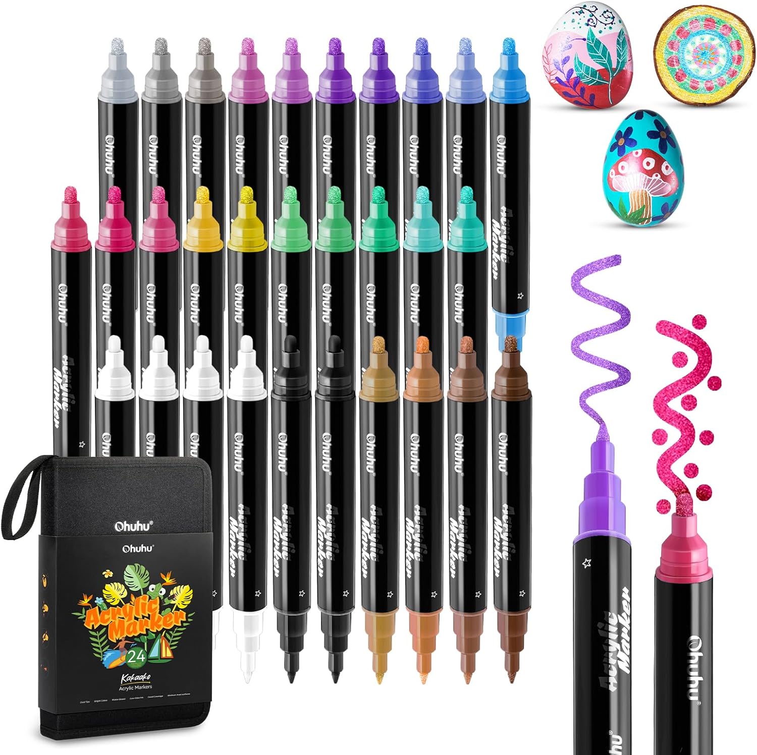 Ohuhu Acrylic Paint Pens, 30 Pack High Opacity Waterproof Lightfast Dual Tips Acrylic Markers - 24 Metallic Colours + 4 White + 2 Back Acrylic Pens for Rock Painting Fabric Eggs Wood Glass Ceramic