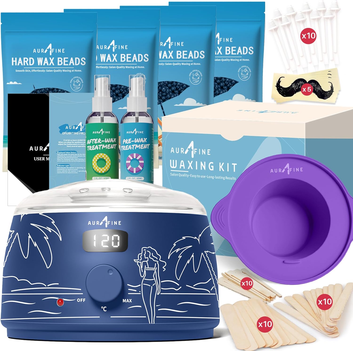 AURAFINE Professional Waxing Kit for Women & Men – 4 Bags Wax Beads, 30 Applicator Sticks, Pre & Post Wax Oil – Wax Kit for Painless Hair Removal for Full Body – Salon-Quality at Home