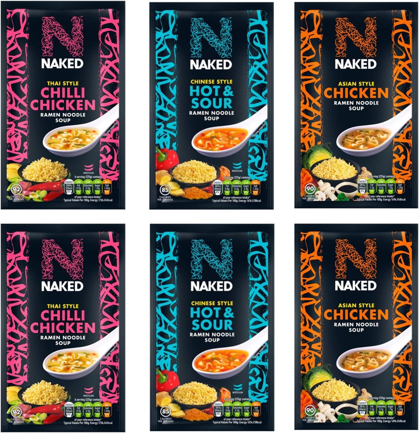 Naked Noodle Ramen Noodles Thai Chilli Chicken Soup x2, Naked Asian Style Chicken Ramen Noodle Soup x2, Naked Noodle Ramen Hot & Sour Soup x2