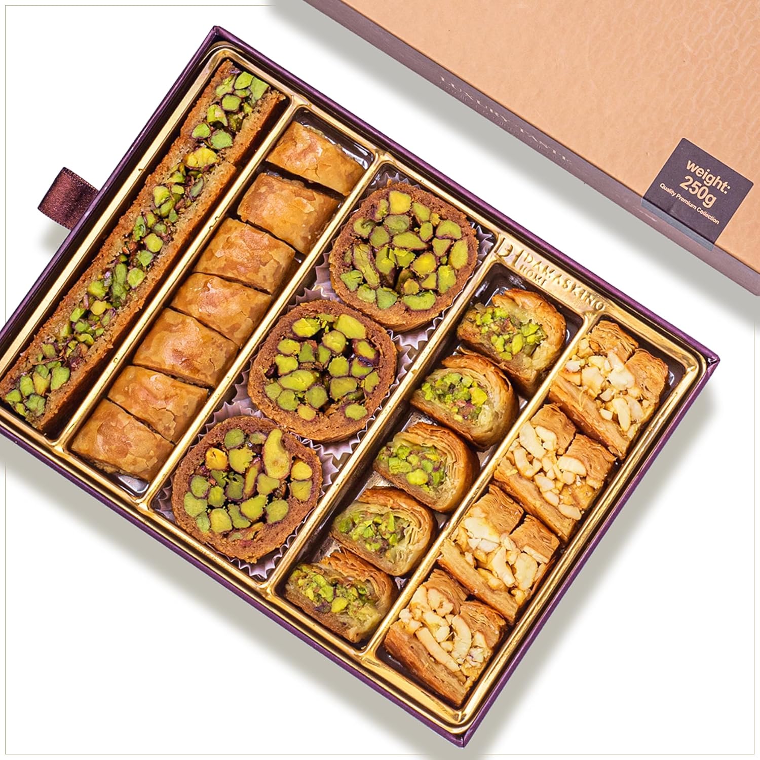 Damaskino Home Assorted Baklava Gift Box 10oz - 25 Pieces of Cashew Rich Kunefe Pastry & Turkish Baklava Pastry Pistachio Authentic Middle Eastern Sweets with Phyllo Dough & Katafi Shredded Pastry