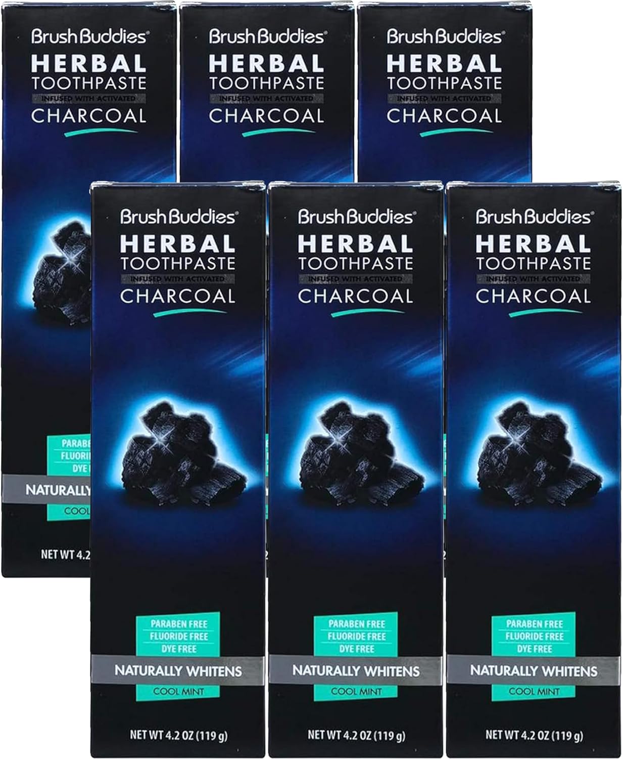 Brush Buddies Charcoal Toothpaste 6 Pack, 3.5 oz | Activated Charcoal Whitening Toothpaste | Fluoride-Free, Cool Mint | Herbal for Sensitive Teeth, Bad Breath & Stains
