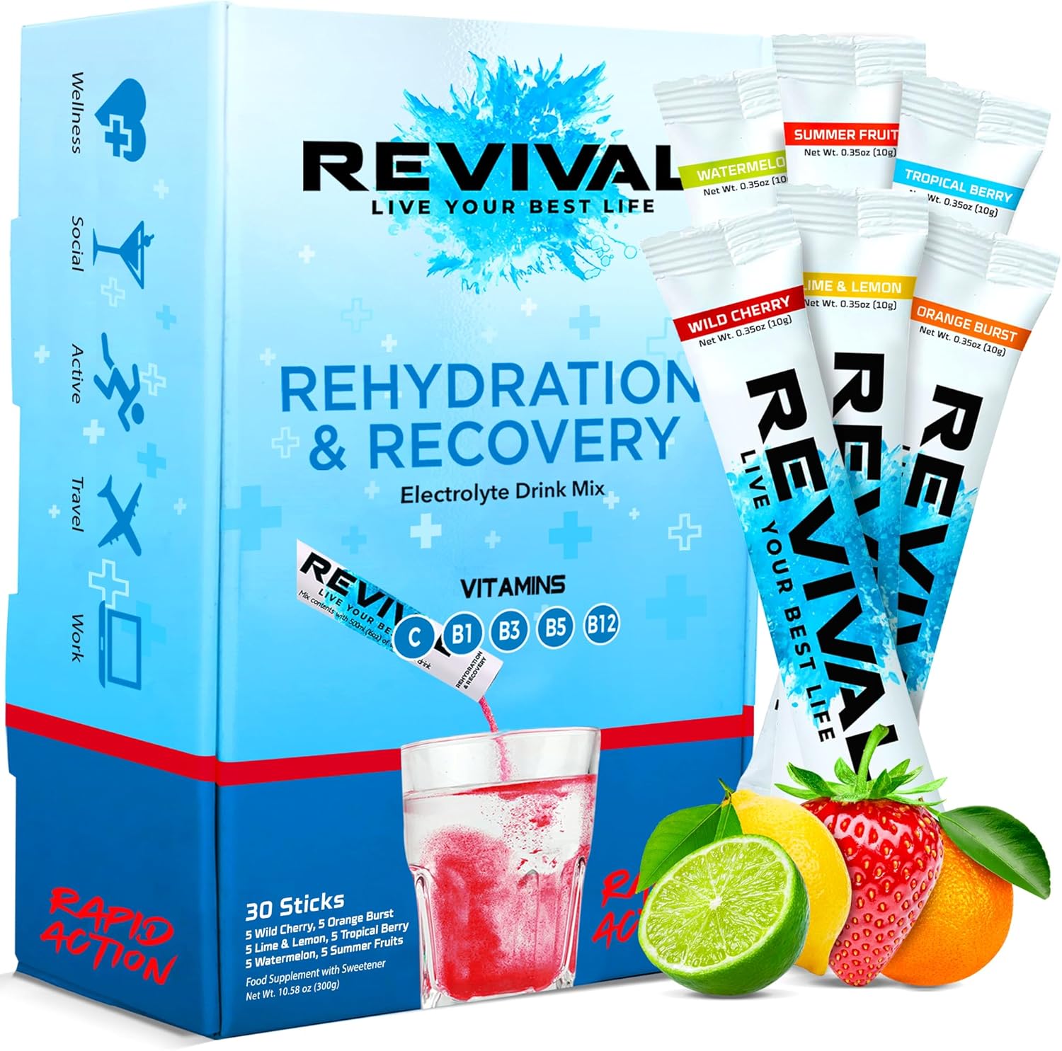 Revival Rapid Rehydration Electrolytes Powder - High Strength Vitamin C, B1, B3, B5, B12 Supplement Sachet Drink, Effervescent Electrolyte Hydration Tablets - 30 Pack Assorted Flavours