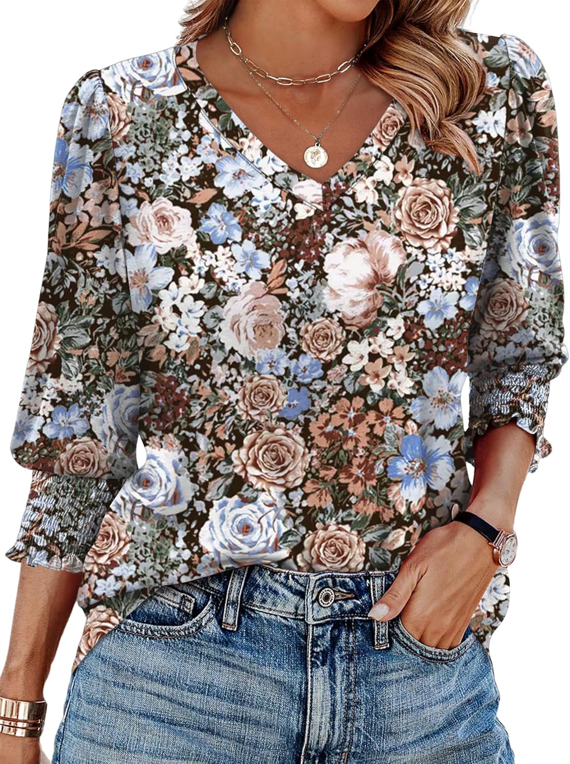 SAMPEEL 3/4 Length Sleeve Womens Tops Dressy Casual Blouses V Neck T Shirts with Smocked Cuffs