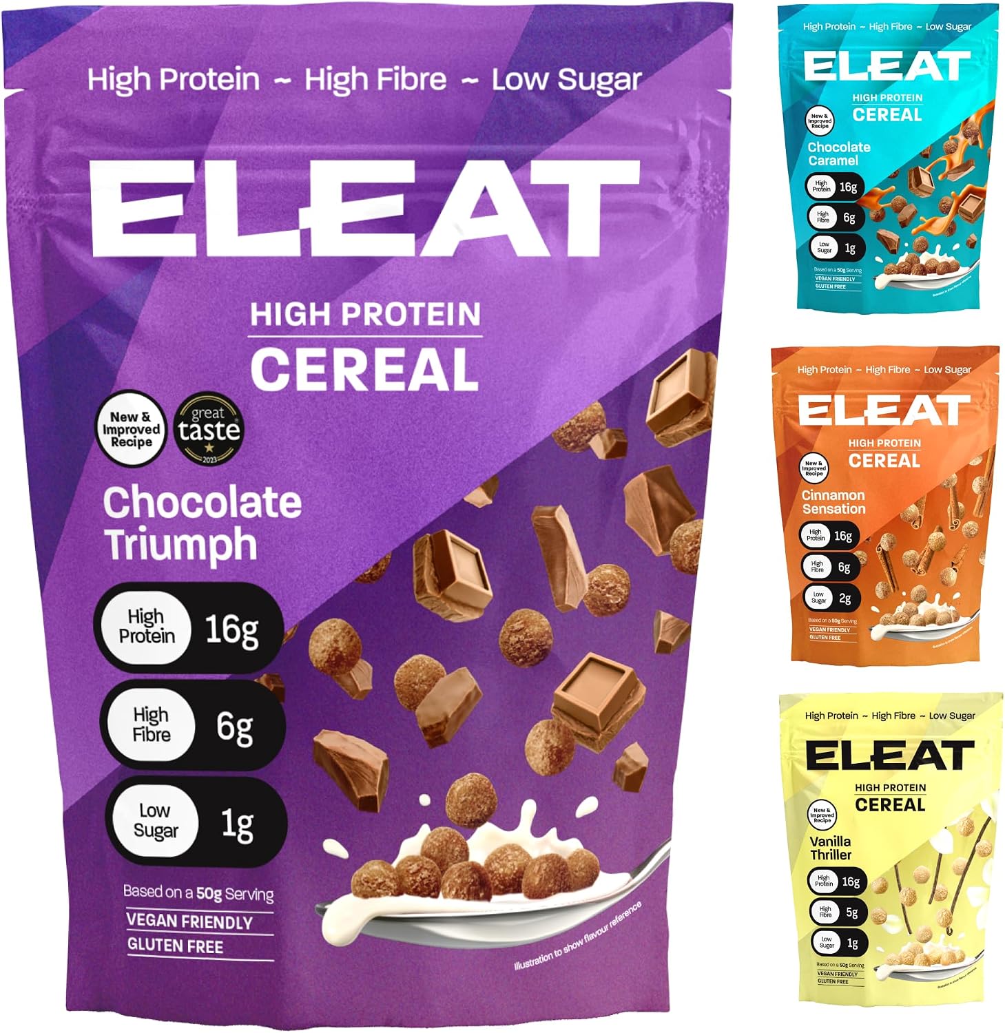 ELEAT | High Protein Low Sugar High Fibre Cereal | Variety Pack | Muscle Recovery Healthy Gluten Free Vegan Breakfast | Complete Plant Protein | Low GI Carbs High Protein Cereals | 4 x 250g