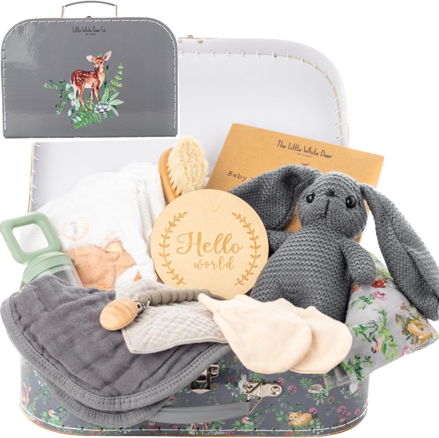 Luxury Newborn Baby Organic Gift Set Hamper Baby Shower - UK Company - Little White Deer - Neutral Boys Girls First Present Feeder Teether Baby Visual Cards