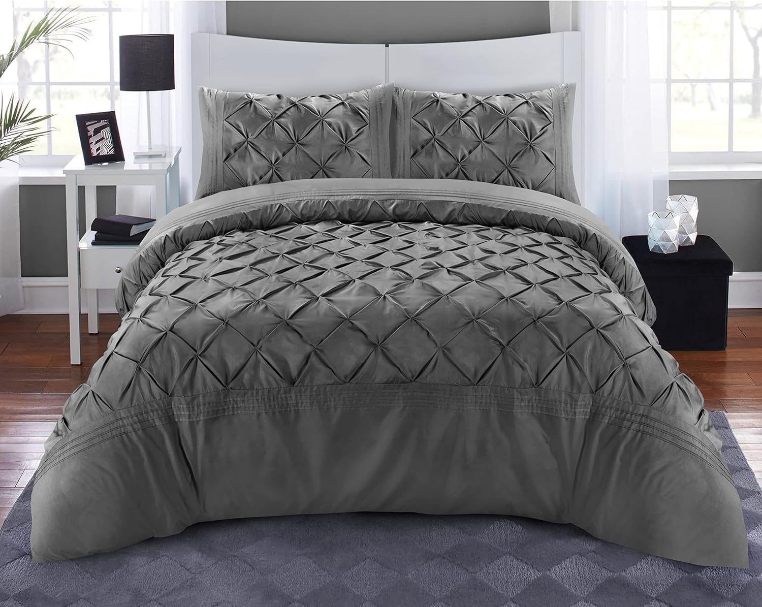 MK Home Textile Pintuck Charcoal Duvet Cover Set 3 Pieces Pinch Pleat Microfiber Grey Bedding Covers Hotel Quality Quilt Bed Sets with Pillowcases Double King Super King Size