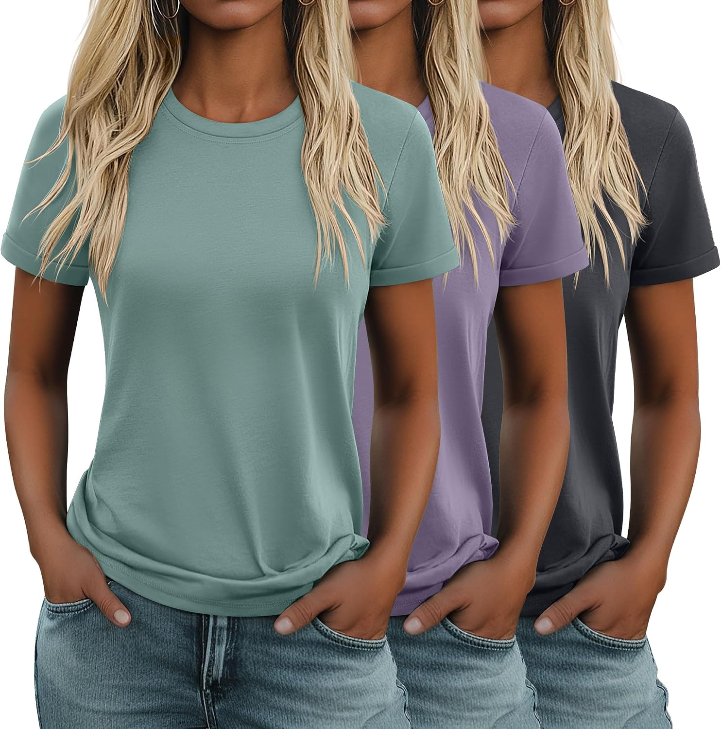 Geyoga 3 Pack Women's Cotton T Shirts Casual Short Sleeve Tunic Tops Crewneck Summer Loose Fit Plain Basic Tee
