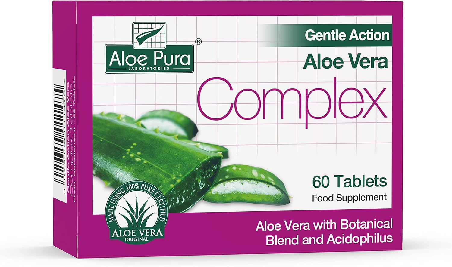 Aloe Pura Aloe Vera Gentle Action Complex Tablets, Natural, Vegetarian, Cruelty Free, Food Supplement, Botanical Blend, 60 Tablets