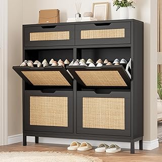 Rattan Shoe Cabinet Storage for Entryway Hidden Shoes Storage Cabinet Boho Narrow Shoe Organizer Cabinet with 2 Flip Drawers, Free Standing Black Shoe Cabinet for Foyer Hallway (Black, 2 Flip Drawers)
