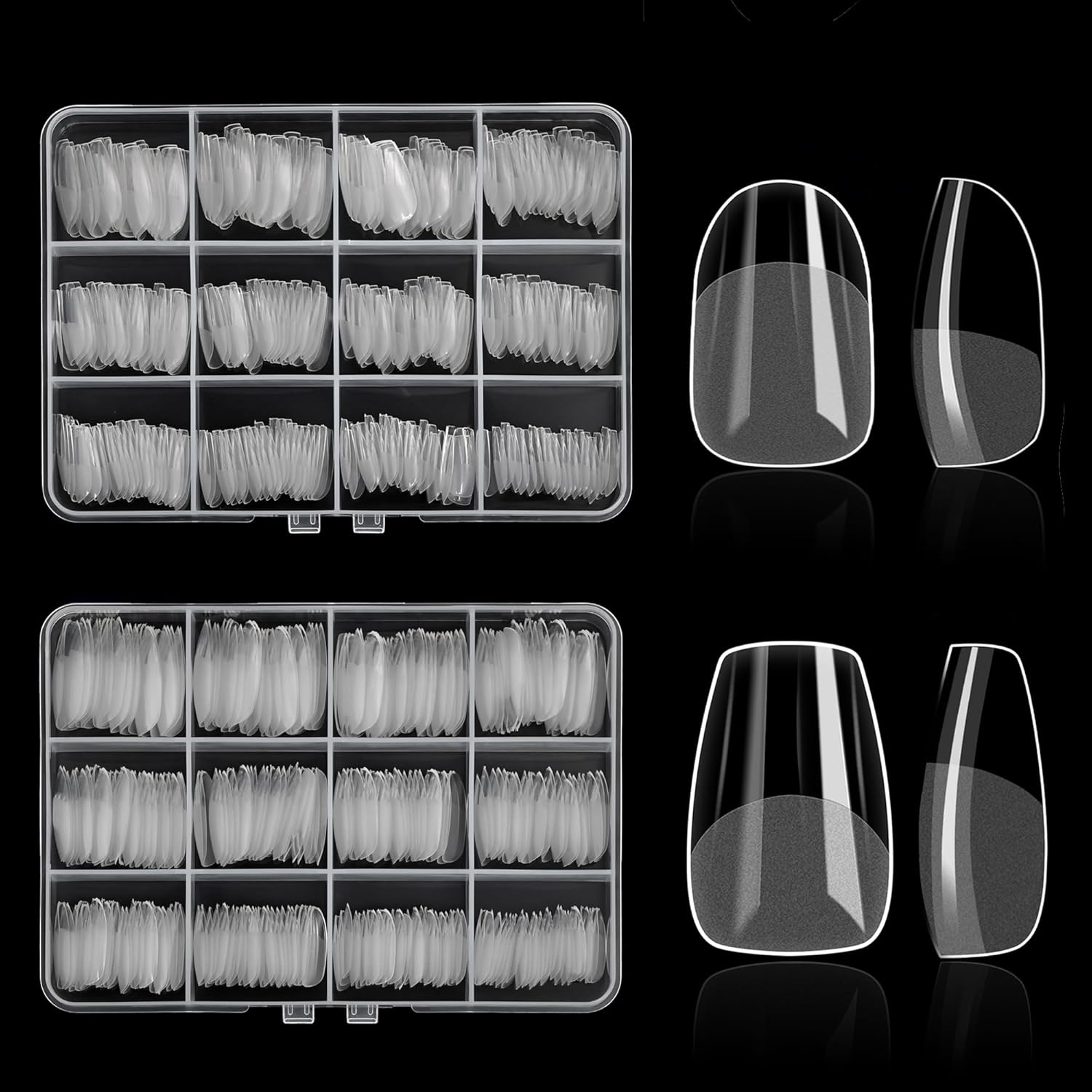 480PCS Nail Tips Clear False Nails Full Cover for Acrylic Fake Nails Kit 12 Sizes 2 Shapes Short Coffin Round Pre-Shape for Salon Home DIY Gifts