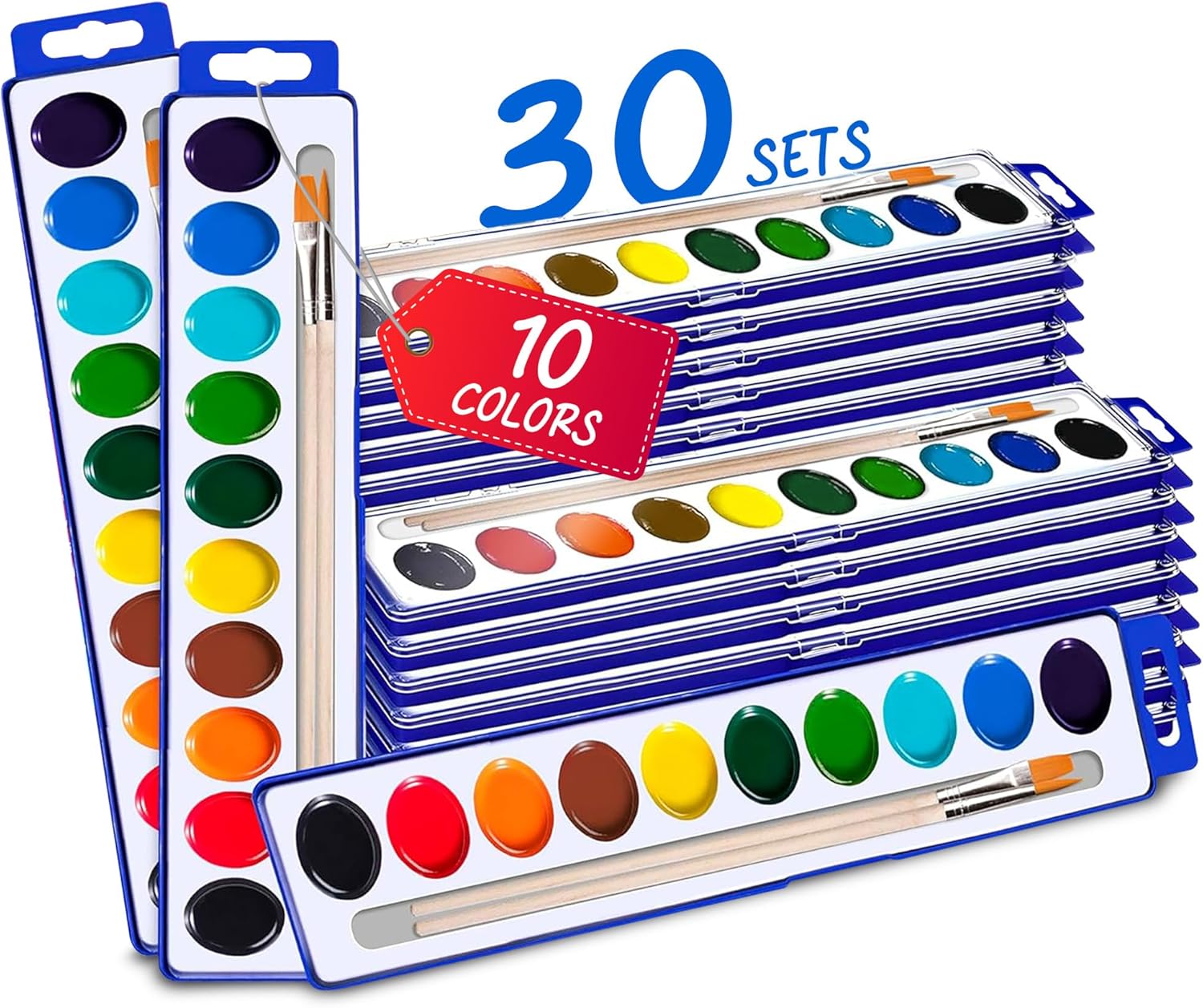 10-Color Water Color Paint Sets for Kids 30 Pack Bulk Watercolor Paint Set Washable Acuarelas Watercolor Palette Mini Paint Sets for Kids Party Favor Classroom Water Paint Kit 2 Wood Brushes Included