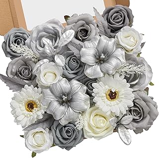 Serwalin Artificial Flower Silver Grey Roses White Fake Cake Flowers Boxs Set for DIY Wedding Bouquets Centerpieces Home Party Baby Shower Decoration
