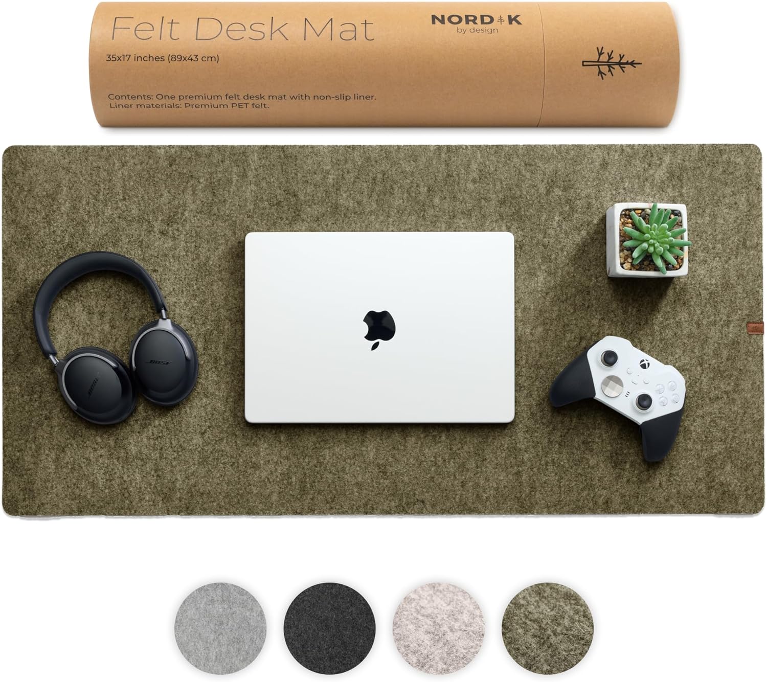 Nordik Large Felt Desk Mat - Timber Moss Green - 89 x 43 cm - Full Desk Cover Keyboard and Mouse Mat - Protector Pad and Matt - Deskmat Blotter for Office