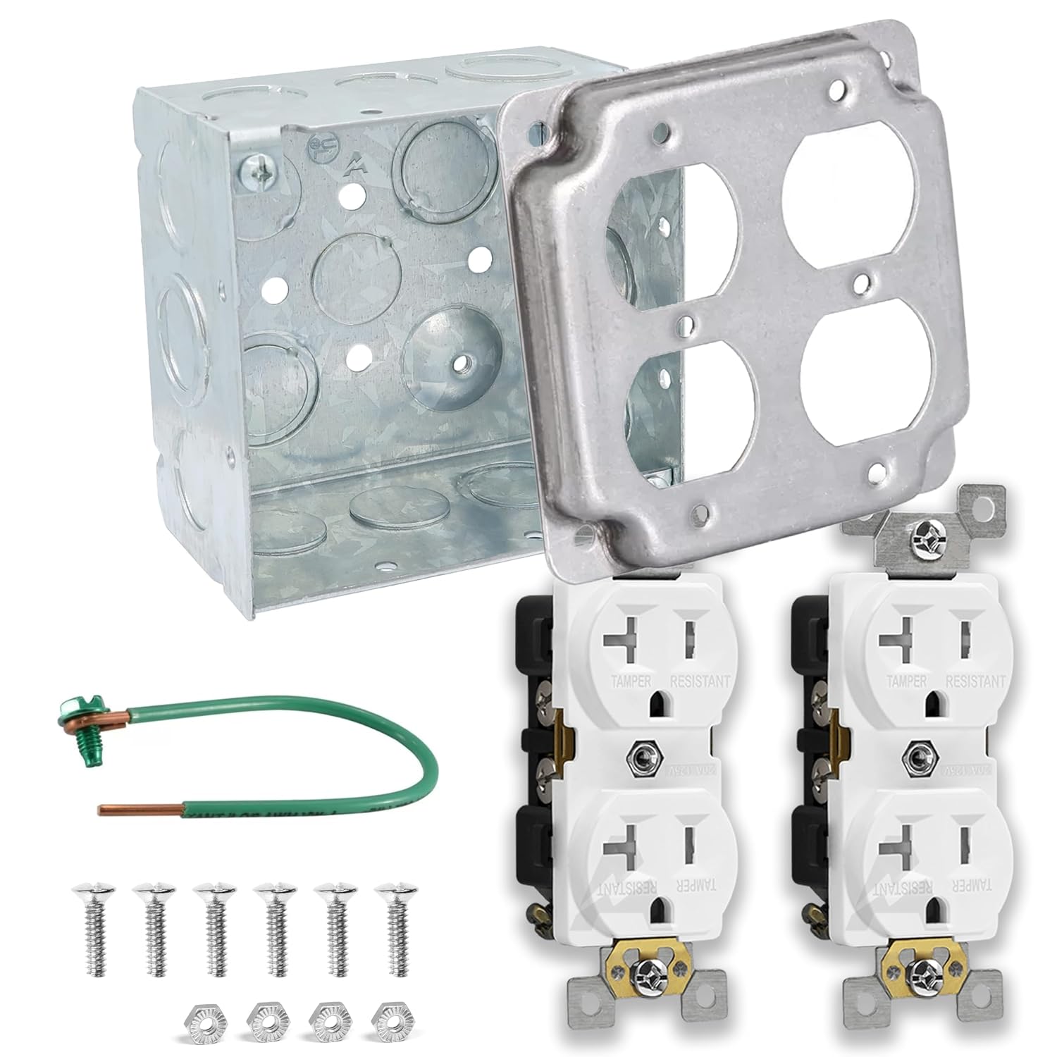 4" Square Electrical Box Kit, 20A Tamper-Resistant Duplex Outlets, Cover