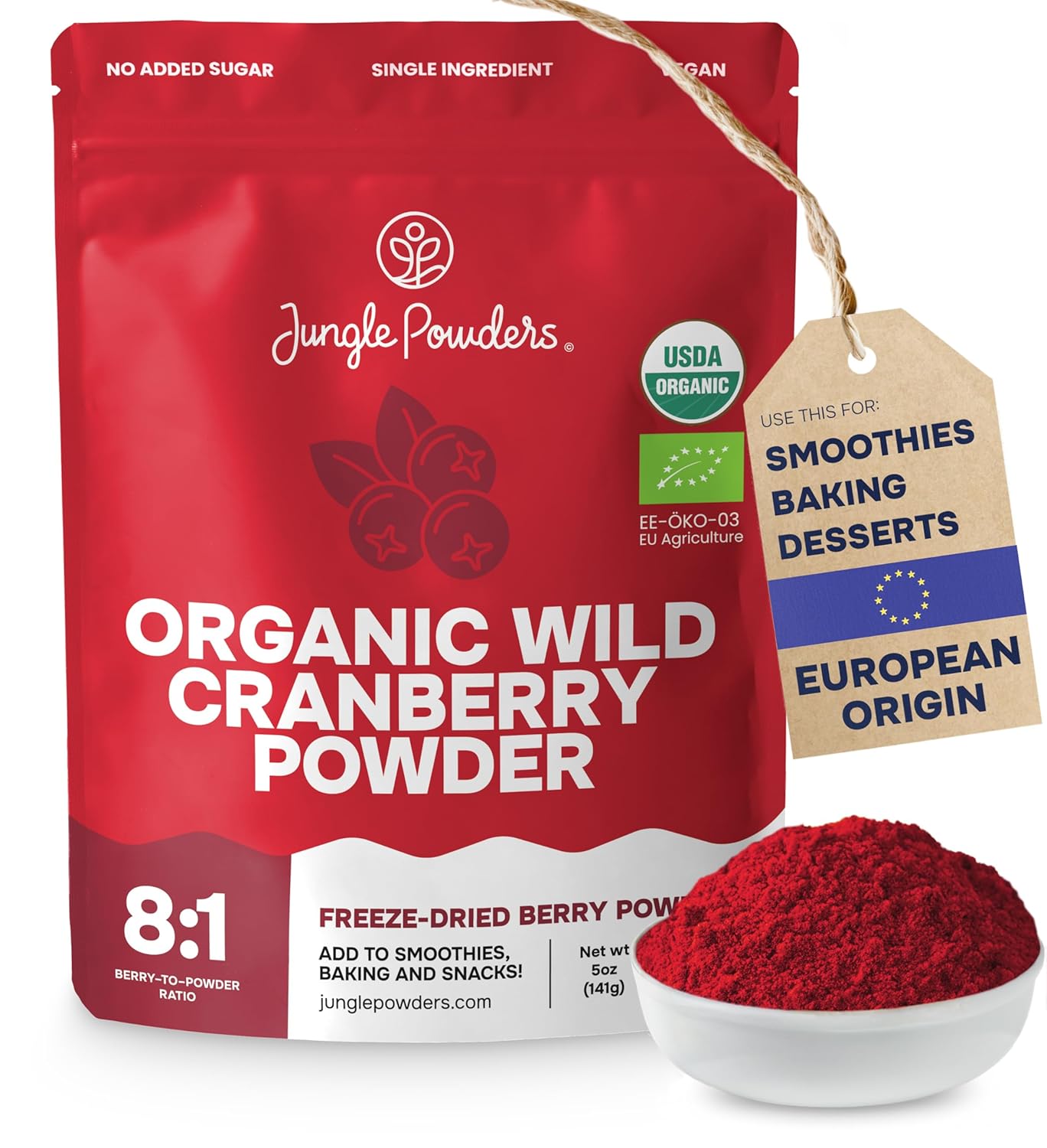 Jungle Powders Wild Cranberry Powder Organic 5 Ounces, USDA Certified Freeze Dried Organic Cranberries Powder for Baking Flavoring Smoothies, Additive Filler Free Superfood Extract from Whole Berries