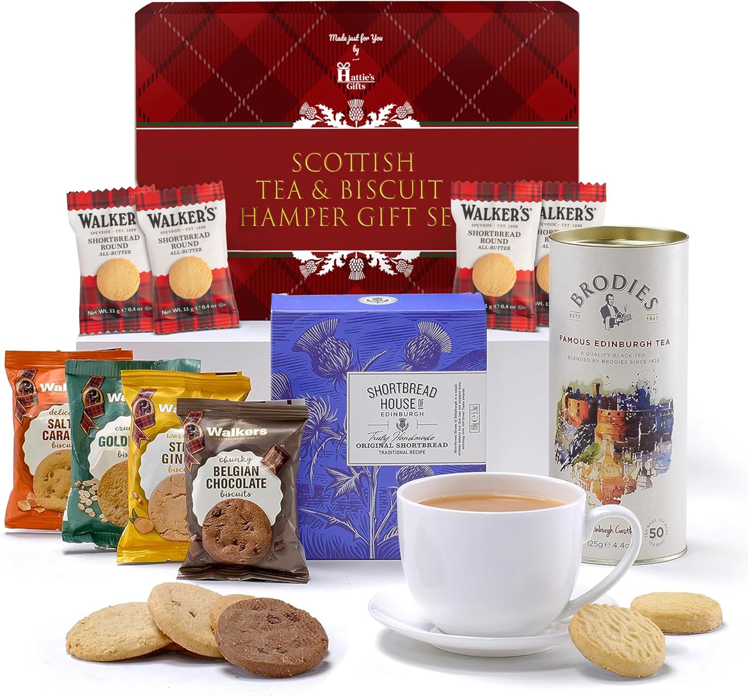 Hattie’s Gifts Scottish Afternoon Tea Hamper - Edinburgh Tea & Luxury Shortbread Biscuits - Gourmet Food Gift for Men & Women - Birthdays, Thank You, & Celebrations