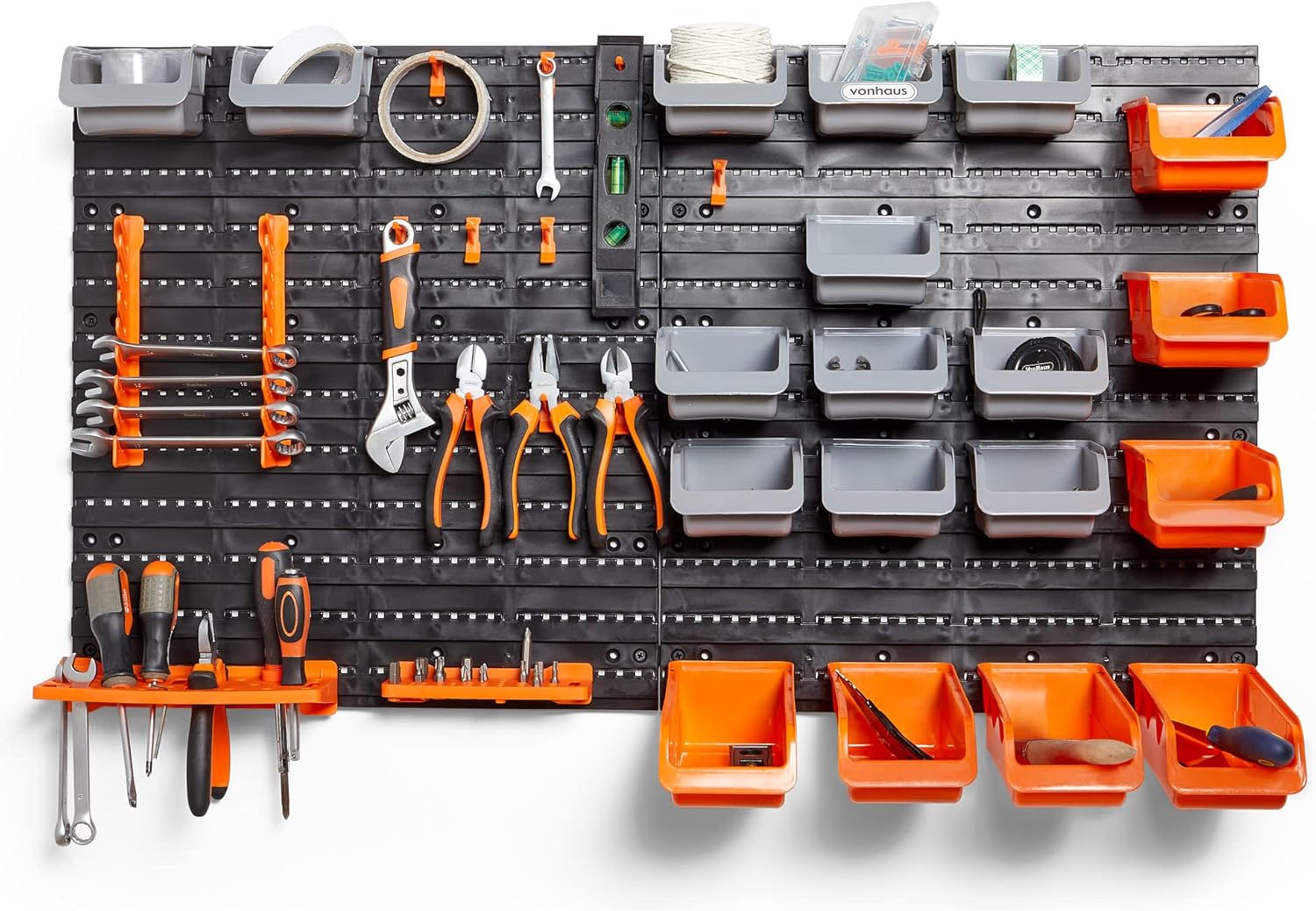 VonHaus 44 Piece Wall Mounted Pegboard Hook, Storage Bins and Panel Set - DIY Garage Storage Wall Mount System with Rack and Bin Accessories - Tool, Parts and Craft Organizer