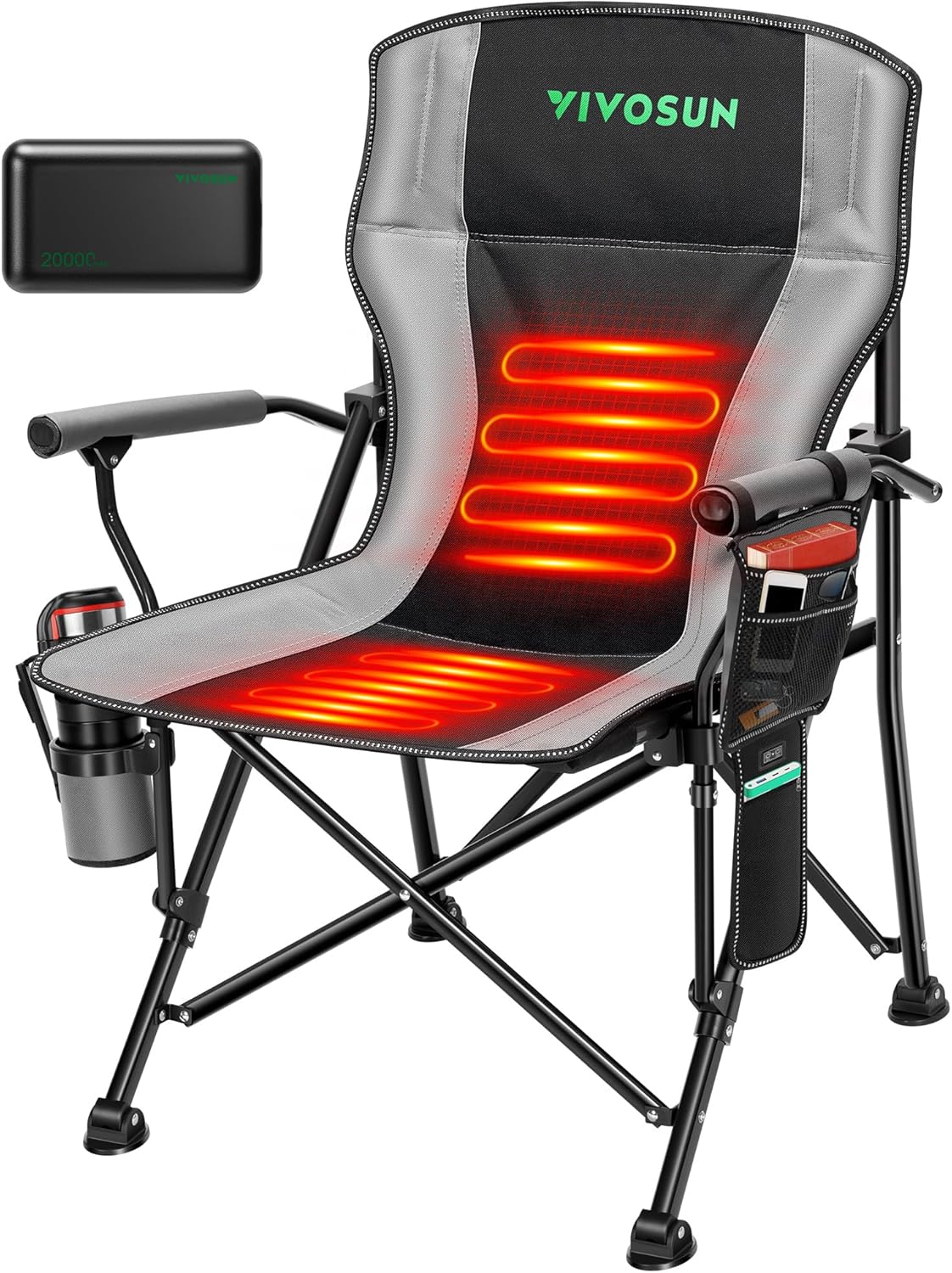 VIVOSUN Heated Camping Chair with 20000 mAh Quick-Charge Power Bank, Fully Padded Heated Folding Chair with 3 Heat Levels, 10s Instant Heating, Cup Holder & Pockets for Outdoor Sports, Picnics