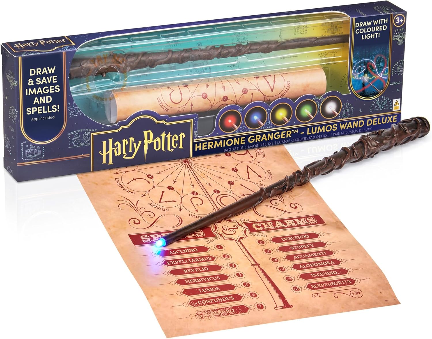 Wizarding World: Deluxe Lumos Wand - Hermoine Granger - 14" Hand-Painted Replica, LED Tip, Spell Poster, Collectible Harry Potter Toy, App Photo Play