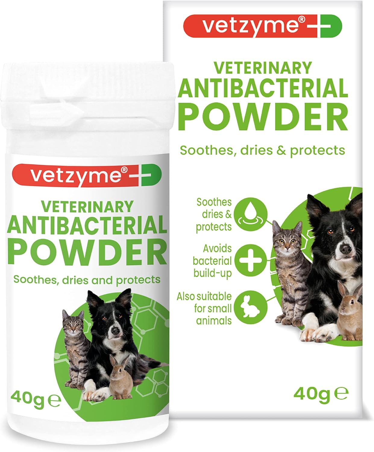 Vetzyme Veterinary Antibacterial Powder for Dogs, Cats and Small Pets - Gently Soothes, Dries and Protects the Skin From Harmful Bacteria (40g)