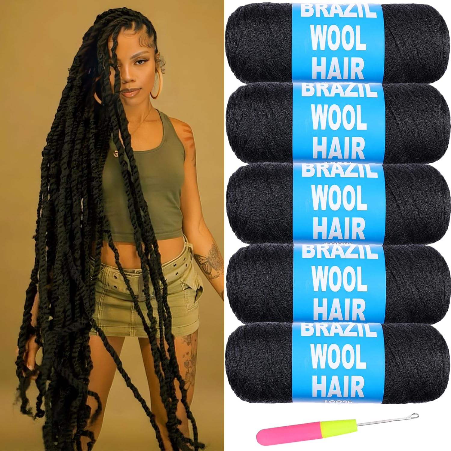 5 Roll Brazilian Wool Hair Hand Knitting Brazilian Wool for Braiding Hair Natural Black Wool Hair for Crochet Braid Faux Locs Crochet Hair Jumbo Braids Senegalese Twist Hair Extension(1B#)