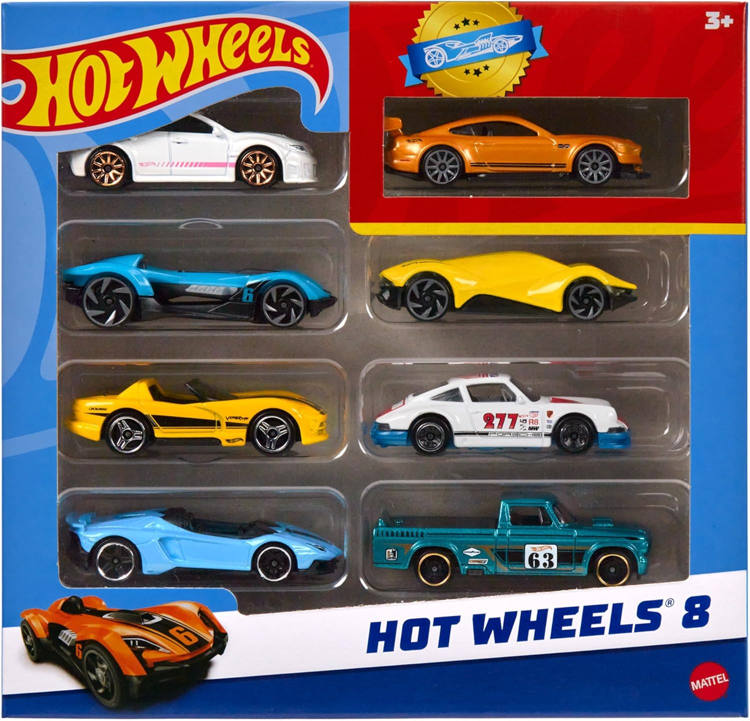 Hot Wheels, Set of 8 Basic Toy Cars & Trucks in 1:64 Scale, Includes 1 Exclusive Car, Different Mixes Released Throughout the Year, Styles May Vary, HPV78