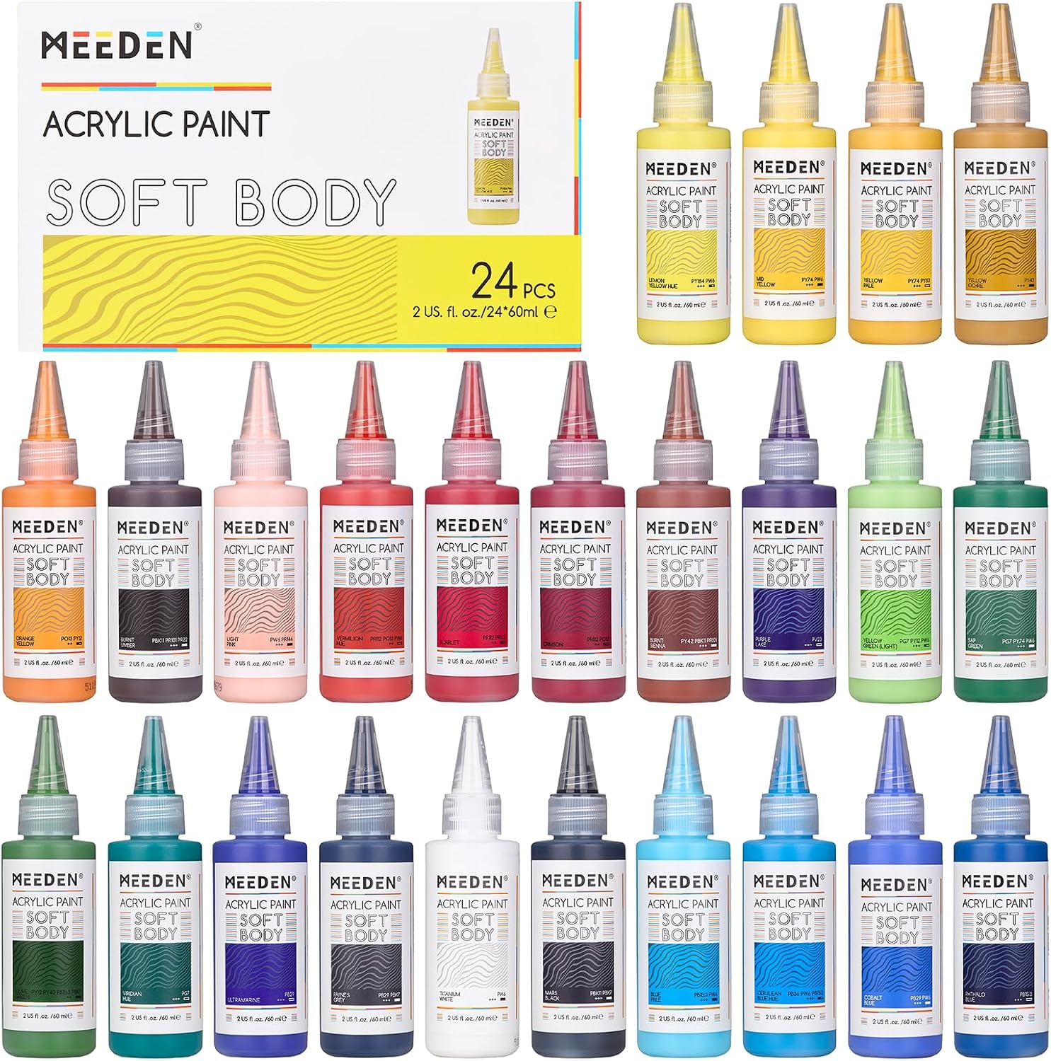 MEEDEN Soft Body Acrylic Paints Set: Matte Finish 24 Colors x 60ml/2oz