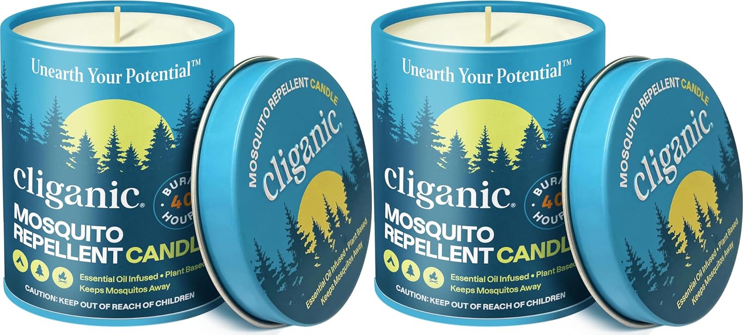 Cliganic Natural Mosquito Repellent Candle (9oz, Pack of 2) | Citronella, DEET Free, Essential Oil Infused for Outdoor, Camping | Burns 40 Hours